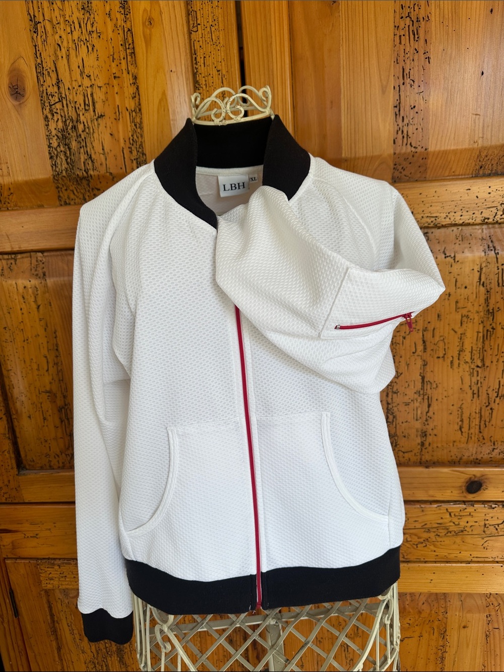 LBH White Bomber Jacket with Black Trim and Red Zipper